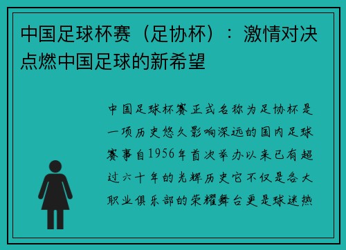中国足球杯赛（足协杯）：激情对决点燃中国足球的新希望